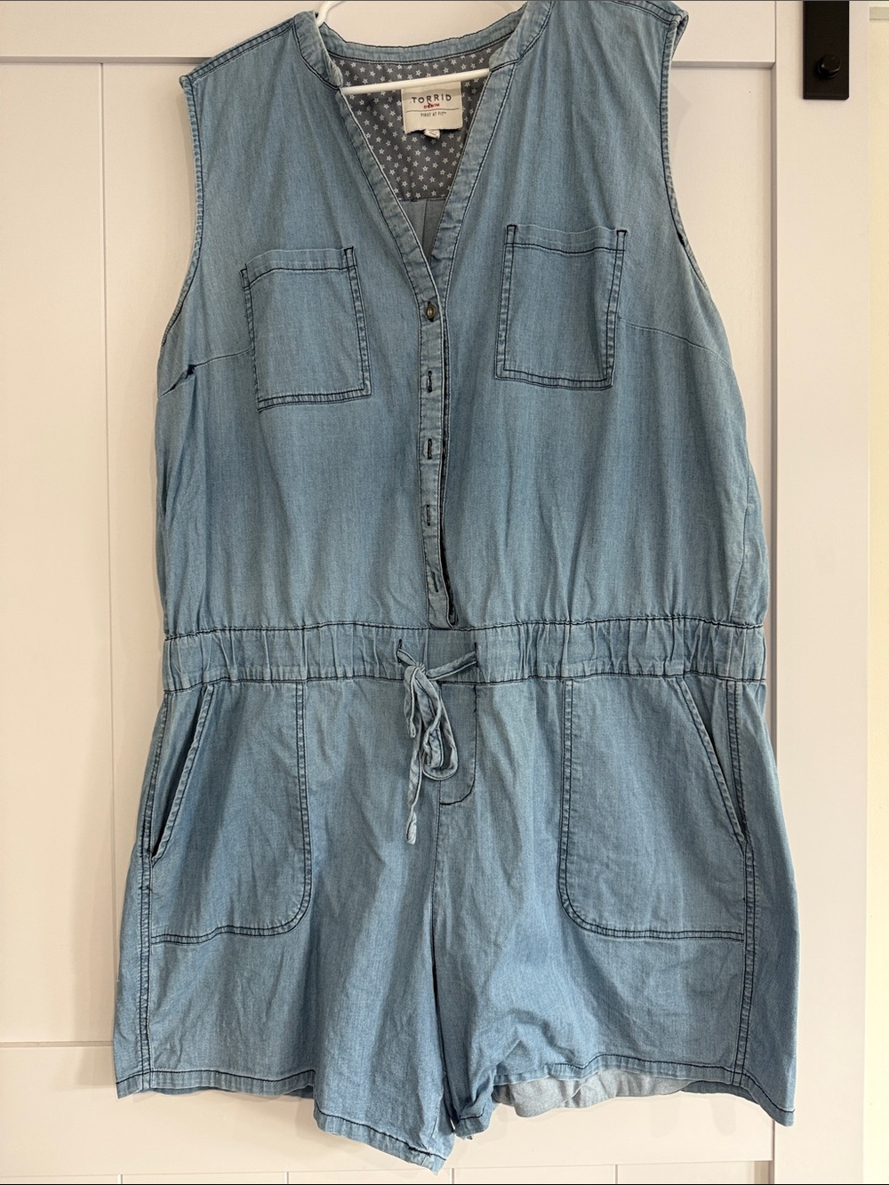 torrid Light Blue Sleeveless Denim Romper with Drawstring - Picture 2 of 5